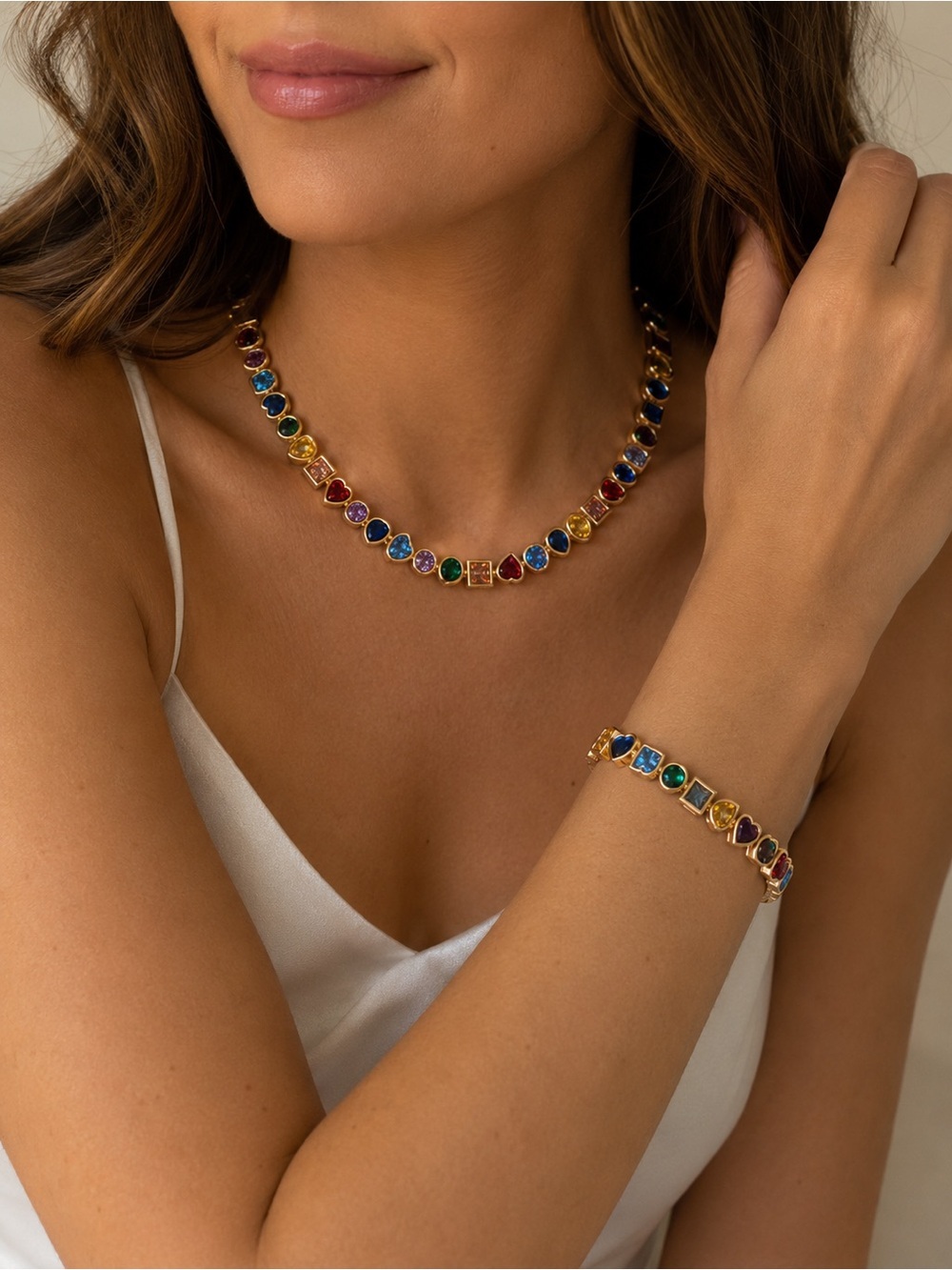 Camila Coelho | Vibrant Rainbow CZ Heart Tennis Bracelet & Matching Necklace